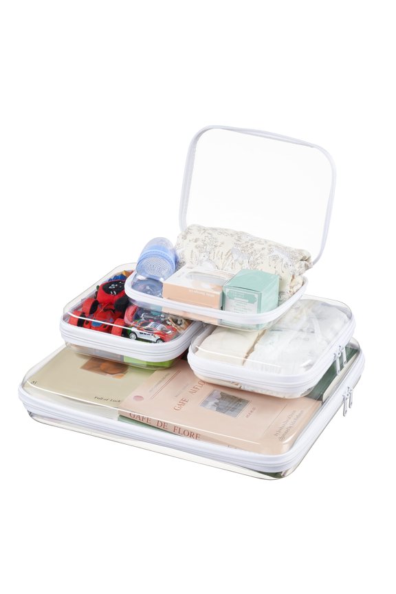 3-Pack Large Clear Hard Shell Zipper Case, Diaper Bag Organizer Pouches, Pencil Case & Makeup Bag, Travel Essentials and Toy Organizer (3L