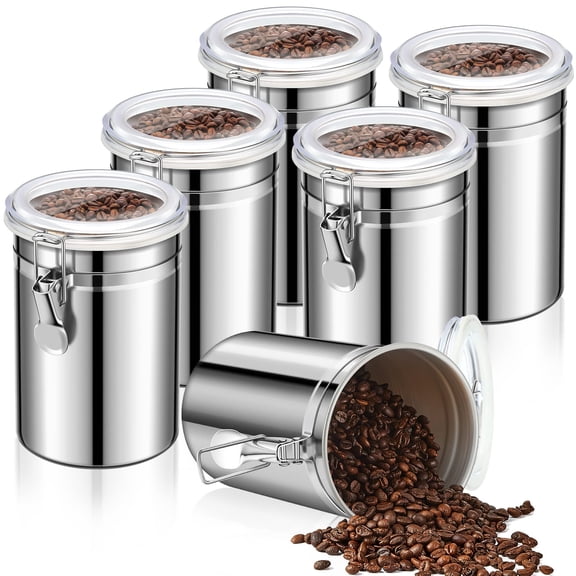 NexTone 6 Pcs Stainless Steel Kitchen Canister 62 fl oz with Airtight Clear Clamp Lid, Metal Food Storage Container Set for Coffee Bean Ground Coffee Flour Sugar Spice Tea Cereal Snack Candy Pantry