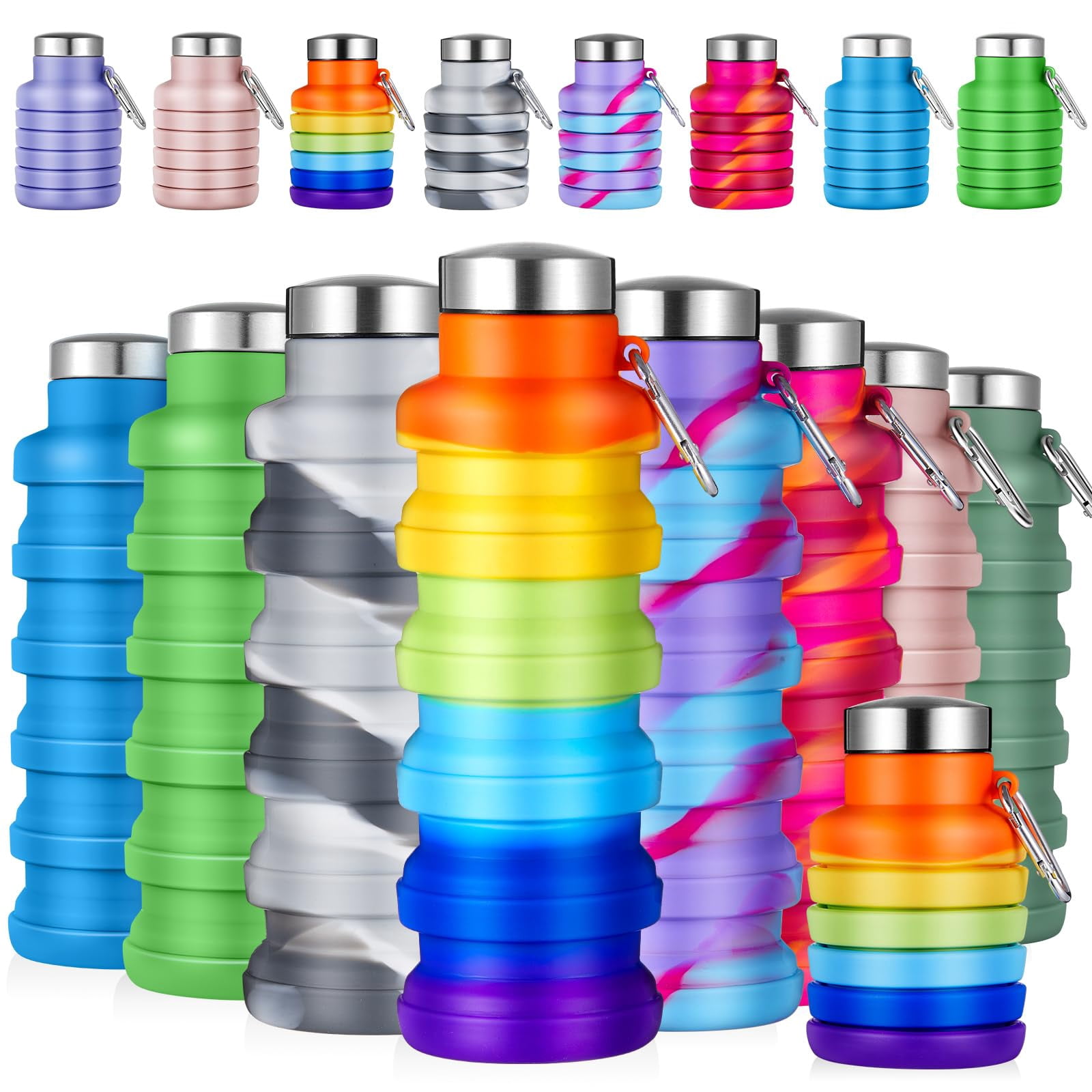 NexTone 8 Pcs Collapsible Water Bottles Bulk Reusable Silicone Foldable Water Bottles 17 oz Portable Lightweight Sports Bottle with Carabiner for Gym Hiking Camping Travel(Mixed Colors)