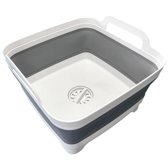 NexTone 9L (2.4Gal) Dish Basin Collapsible with Drain Plug Carry Handles,Kitchen Storage Tray Dish Wash Basin, Portable Dish Tub, Foldable Dishpan for Camping,RV,Gray