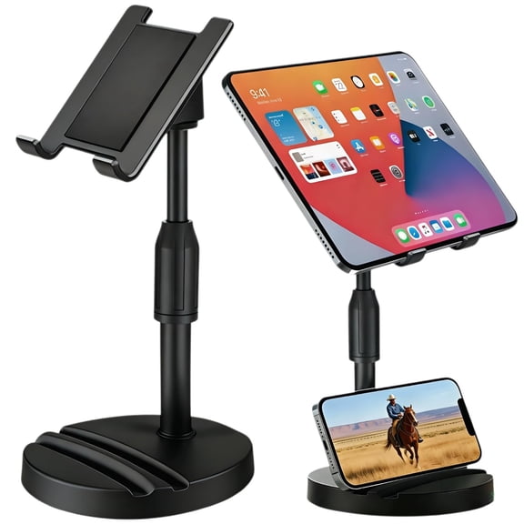 NexTone Adjustable Height Phone and Tablet Stand, Dual Device Holder with 360 Rotation, Sturdy Non-Sturdy Non-Slip Base with Card Slot for Livestream, Watching Videos, Work, Gaming