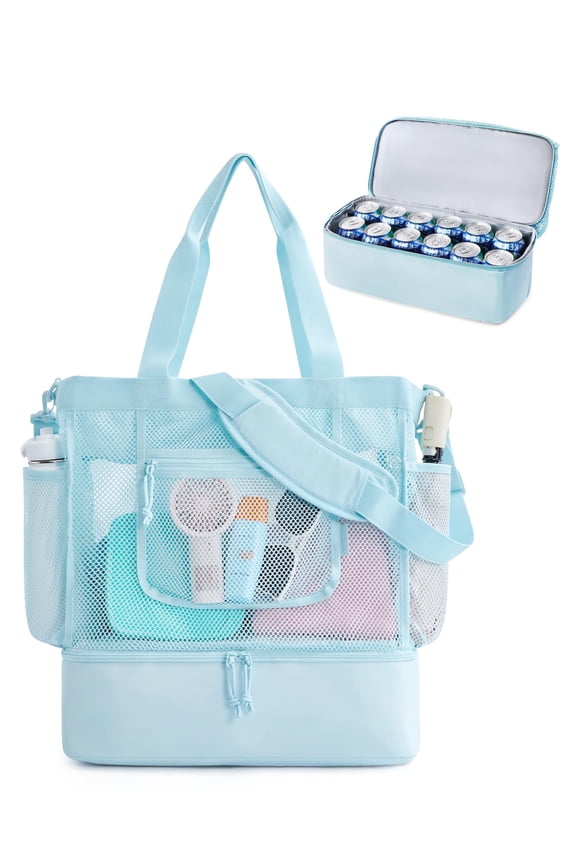 Beach Bag for Women, Mesh Tote Bags with Zipper, Sandproof Vacation Essentials with Cooler for Swim Cruise Pool, Navy