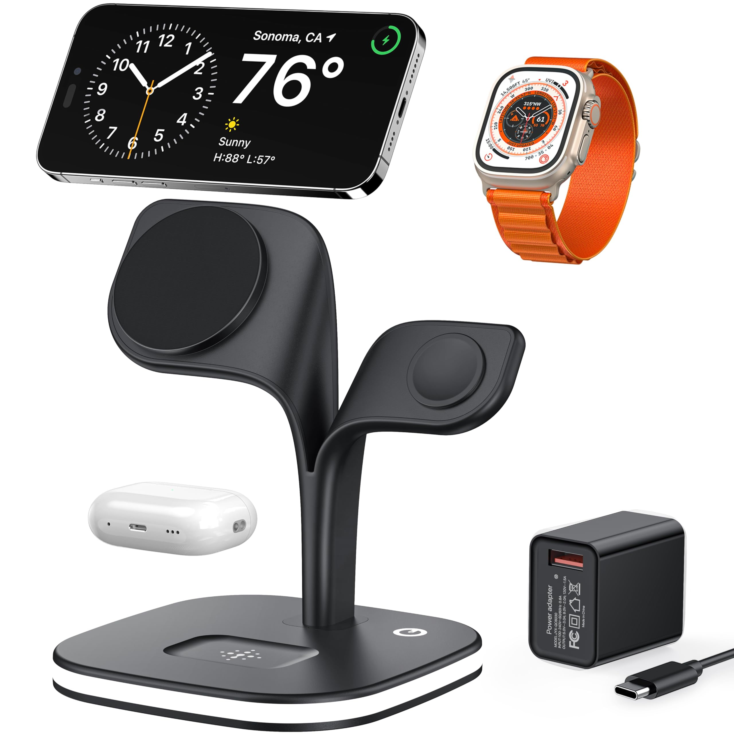 NexTone Charging Station for Magsafe Charger,Charging Station for Multiple Devices,Wireless Charger for iPhone 17 Air 16 15 14 13 12,Apple Watch,AirPods with LED(Black)