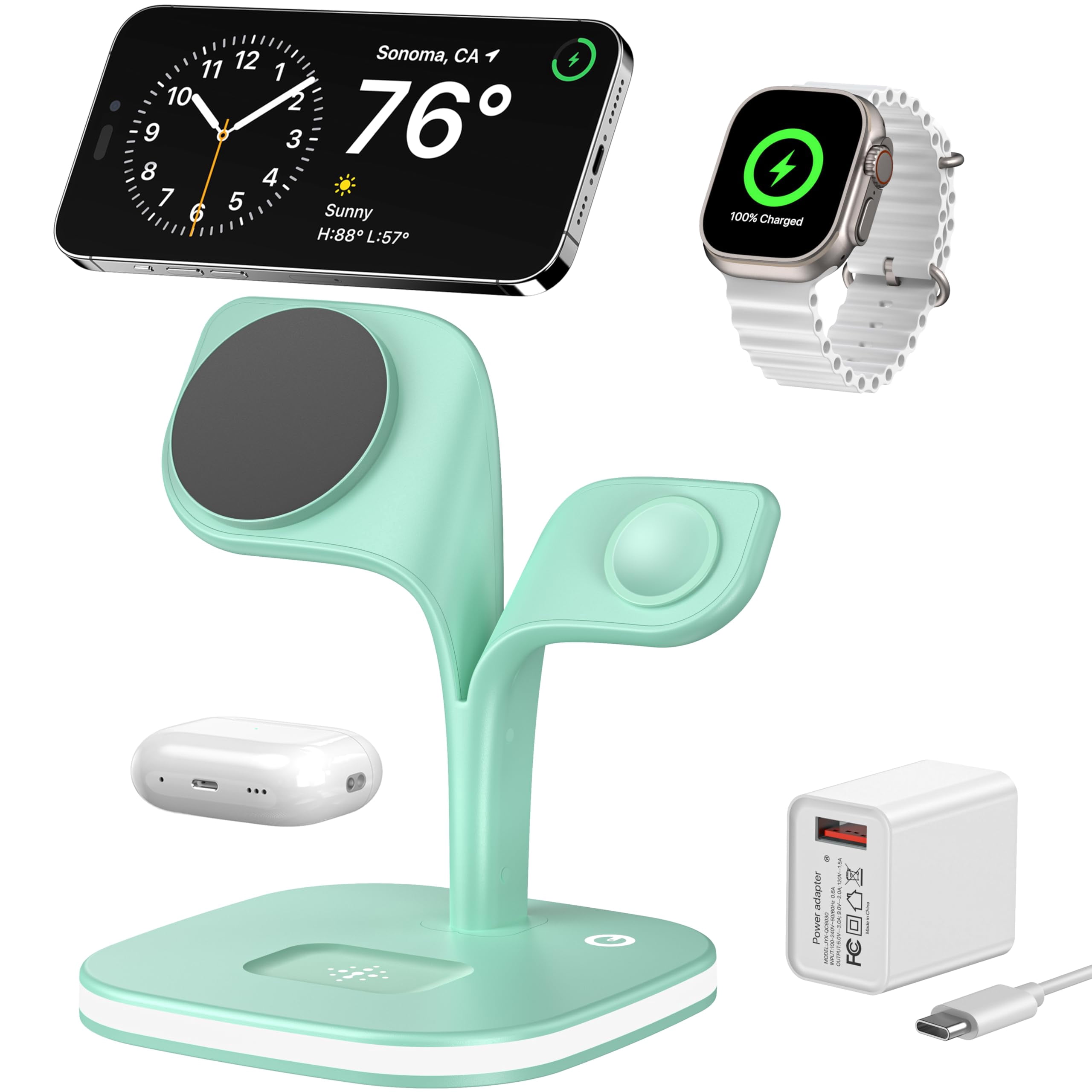 NexTone Charging Station for Magsafe Charger,Charging Station for Multiple Devices,Wireless Charger for iPhone 17 Air 16 15 14 13 12,Apple Watch,AirPods with LED(Black)