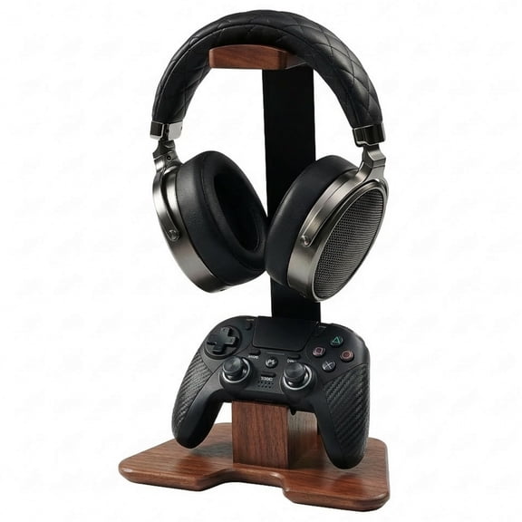 NexTone Gaming Headset and Controller Stand - Walnut Wood Headphone and Single Controller Stand, Wooden Headset Stand for Desk, Controller Holder for Xbox, PS5, Switch Pro, PC Gaming Accessories