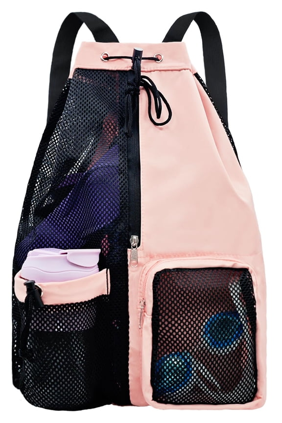 Mesh Beach Backpack with Wet Pocket Drawstring Pool Bag Waterproof Swimming Bag Gym Backpack for Men & Women(Pink)