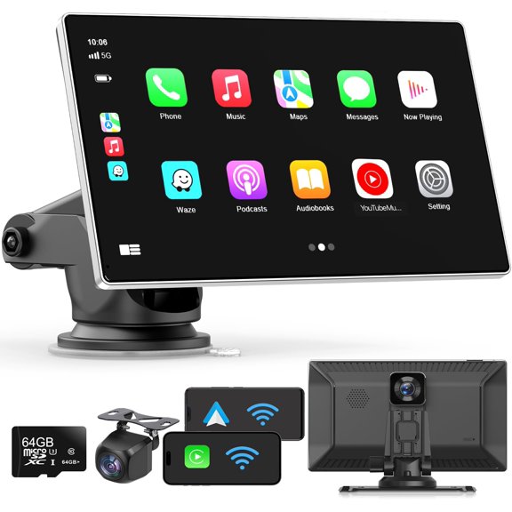 NexTone Portable Apple Carplay Screen for Car, 9" Wireless Apple Carplay & Android Auto,4K Dash Cam,1080p Backup Camera DVR,Car Audio Receivers GPS Navigation Mirror Link, Bluetooth,FM, Siri