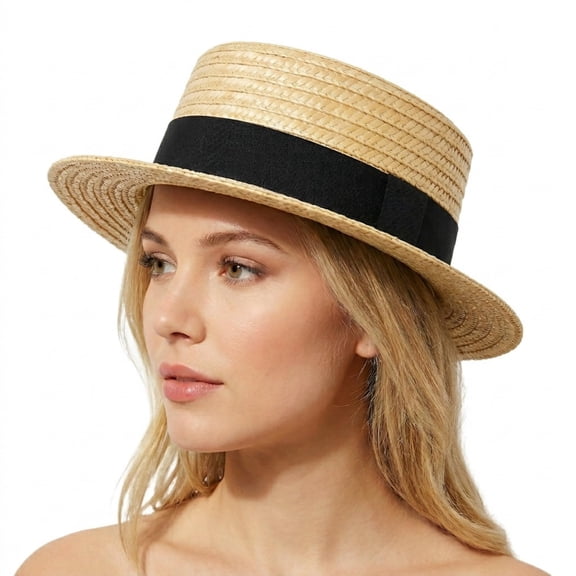 NexTone Straw Boater Hat Women Men Skimmer Hat Wide Brim Amish Hat Christmas Costume Handmade Natural Straw Black (Blue Red)