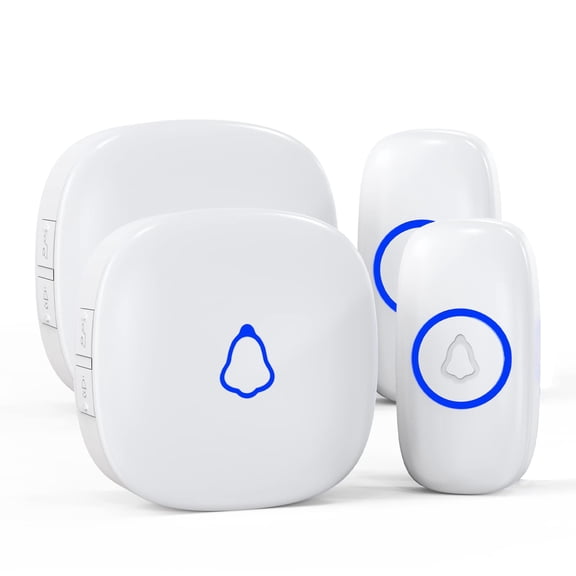 NexTone Wireless Doorbell, Mini Door Bell with 58 Chimes 5 Volume Levels, 1 Waterproof Button 2 Plug in Receiver, White Doorbell with Led Blue light for Home/Classroom/Office