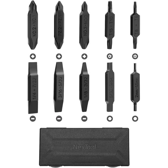 NexTool, Bit Kit, 10 Double-Ended Screwdriver Bit Set for Multi-Tools, NexTool Pocket Tool E1 and Flagship Captain, Slot, Phillips, Hex and Torx Bits with Storage Case Perfect for Camping, on the Go