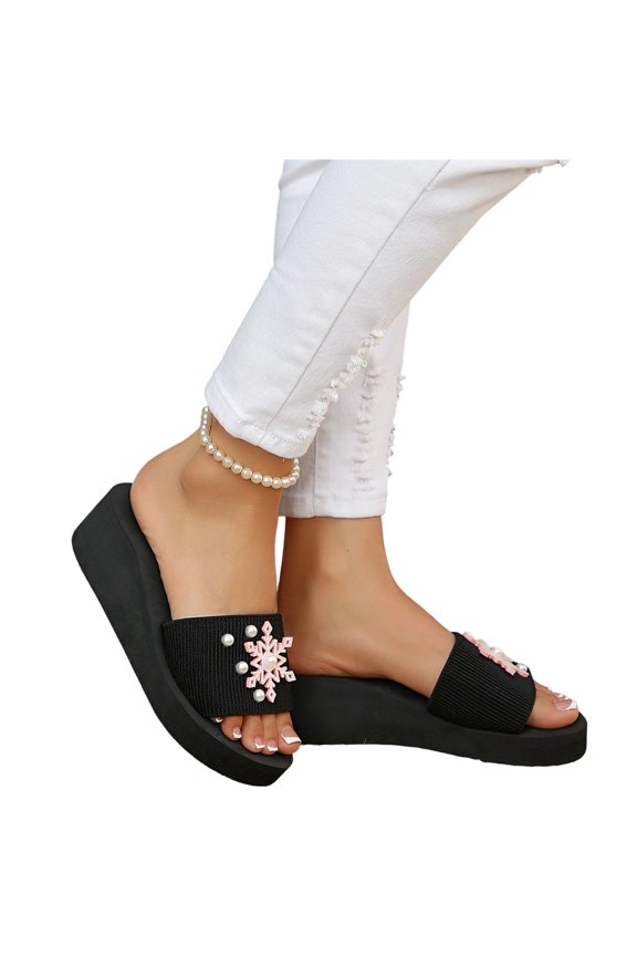 2026 Summer Women's Breathable Wedge Heeled Sandals Open Toe Outdoor Flip Flops New Platform with Pearl Snowflake, Pink, 6