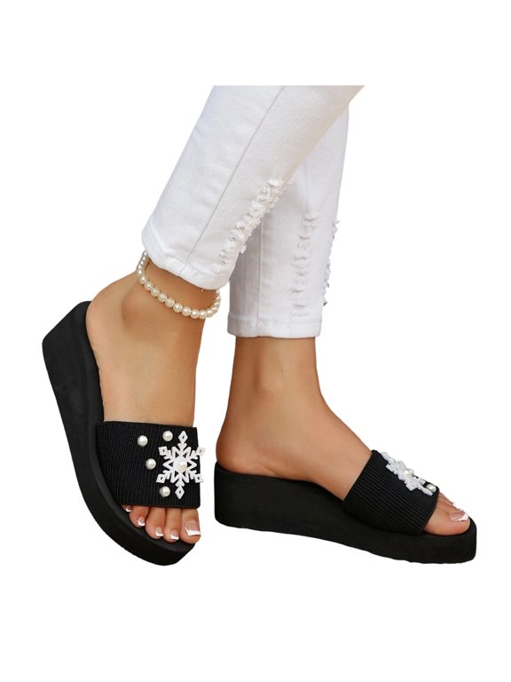 2026 Summer Women's Breathable Wedge Heeled Sandals Open Toe Outdoor Flip Flops New Platform with Pearl Snowflake, White, 6.5