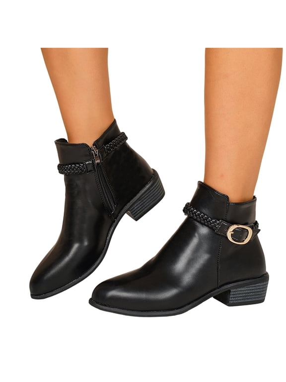 Braided Strap Ankle Boots for Women, Side Zipper Round Toe Low Block Heel Booties for Casual Fall and Winter Daily Wear Refined Boots for Work, Commute and Seasonal Daily Outfits Black