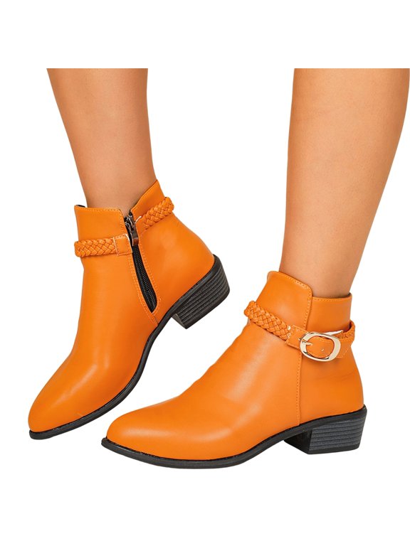 Braided Strap Ankle Boots for Women, Side Zipper Round Toe Low Block Heel Booties for Casual Fall and Winter Daily Wear Refined Boots for Work, Commute and Seasonal Daily Outfits Orange