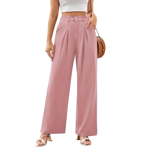 CUKOLSXA Business Pants for Women Womens Slacks Wide Leg Dress Pants for Women Pleated High Waisted Palazzo Pants Comfy Work Pants Petite Formal Pants with Pockets Pink L