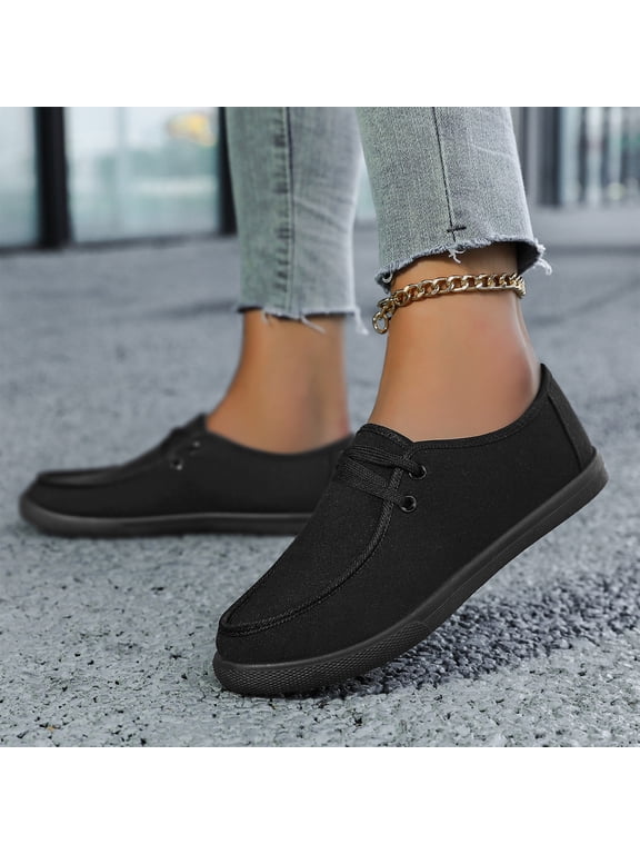 Canvas Shoes for Women Men Unisex Boat Shoes Lace-Up Flat Lightweight Casual Deck Shoes Comfortable Walking Shoes for Office School and Weekend Outings Black US-8 (EU-41)