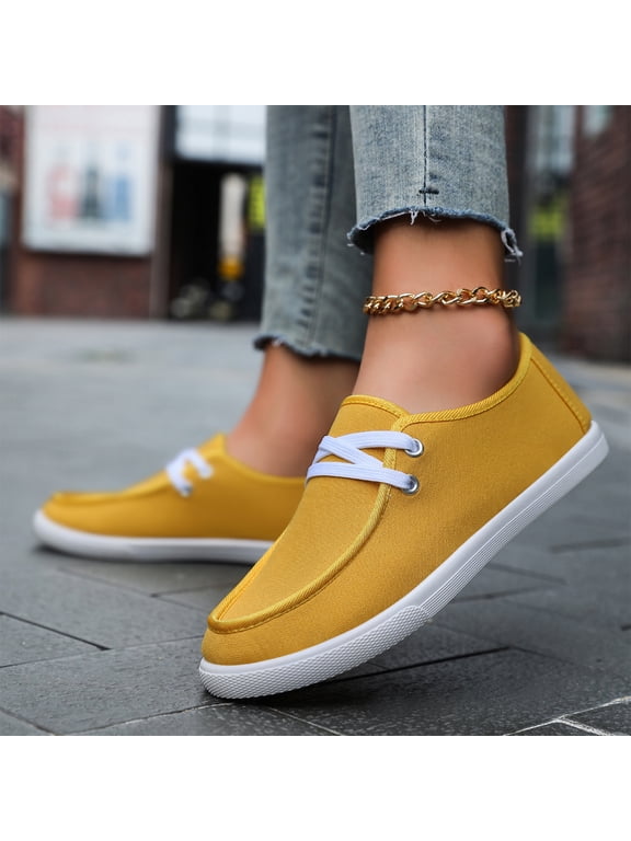 Canvas Shoes for Women Men Unisex Boat Shoes Lace-Up Flat Lightweight Casual Deck Shoes Comfortable Walking Shoes for Office School and Weekend Outings Yellow US-8 (EU-41)
