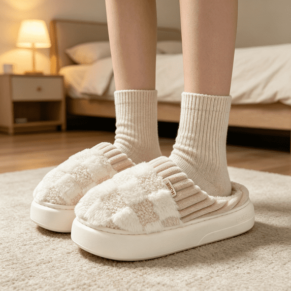 NexTorq Checkered Slipper House Slippers for Women Men Plush Warm Fuzzy Slippers Flyffy Bedroom Shoes Indoor Slip On US:9 (EU:40-41)