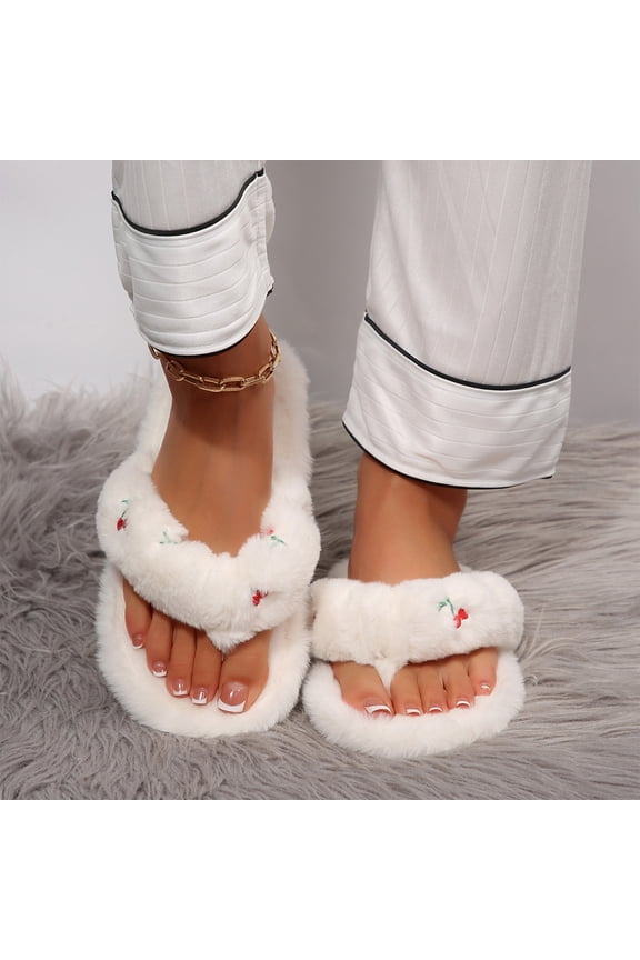Cherry Embroidery Fuzzy Thong Flip Flop Slippers for Women Thick Warm Anti Slip Open Toe Winter Fluffy Ladies House Footwear, White, 6.5