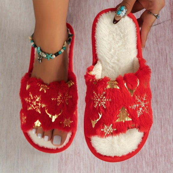 NexTorq Christmas Fluffy Slides for Women Men Open Toe Fuzzy Slippers Memory Foam House Shoes Festive Print Plush Indoor Outdoor Non Slip Cozy Holiday US: 5 (EU: 36)