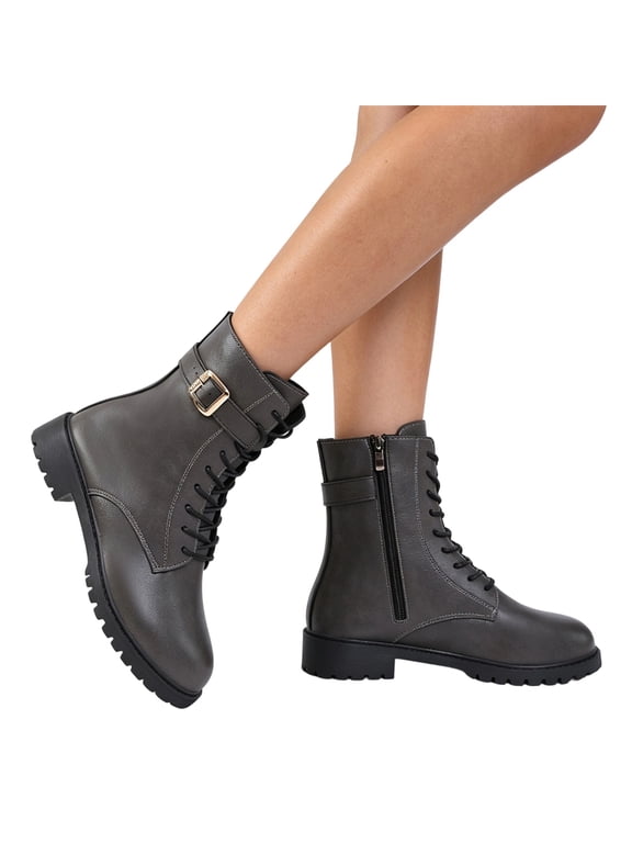 Combat Boots for Women Lace Up Ankle Booties Side Zip Leather Buckle Accent Chunky Lug Sole Round Toe Military Shoes Non Slip for Casual Daily Wear Gray US-5.5 (EU-35)