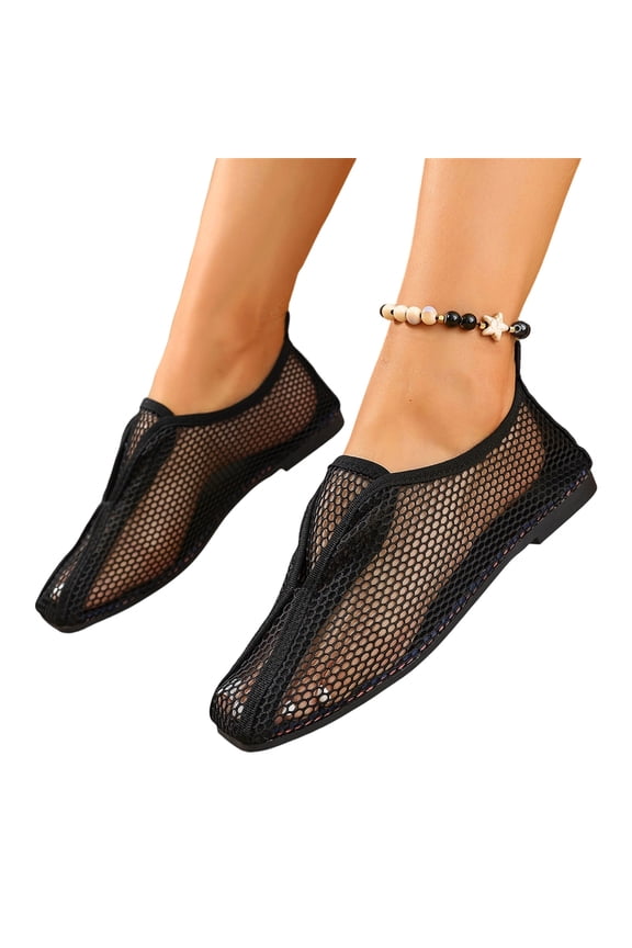 Comfortable Mesh Fishnet Sandals Low Heel Slip on Stockings Net Flat Sandals Black 37
