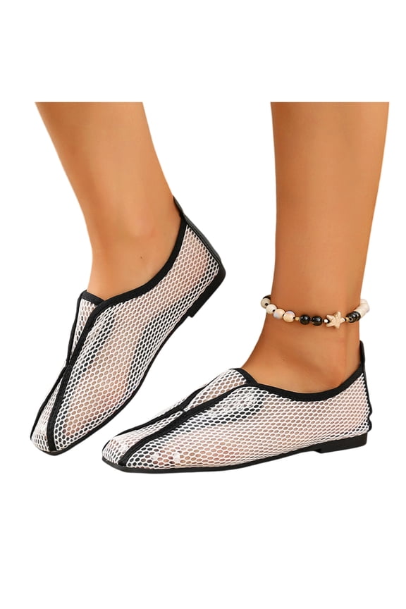 Comfortable Mesh Fishnet Sandals Low Heel Slip on Stockings Net Flat Sandals White 36