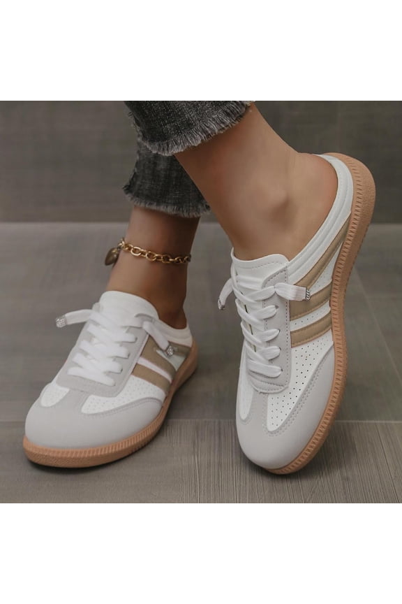 Comfy Shoes, Women Sneakers, Women’s Fashion Walking Shoes Breathable Contrast Lace-Up or Slip-On Sneakers, Comfortable Backless Casual Sports Shoes with Round Toe for Everyday Wear, Khaki