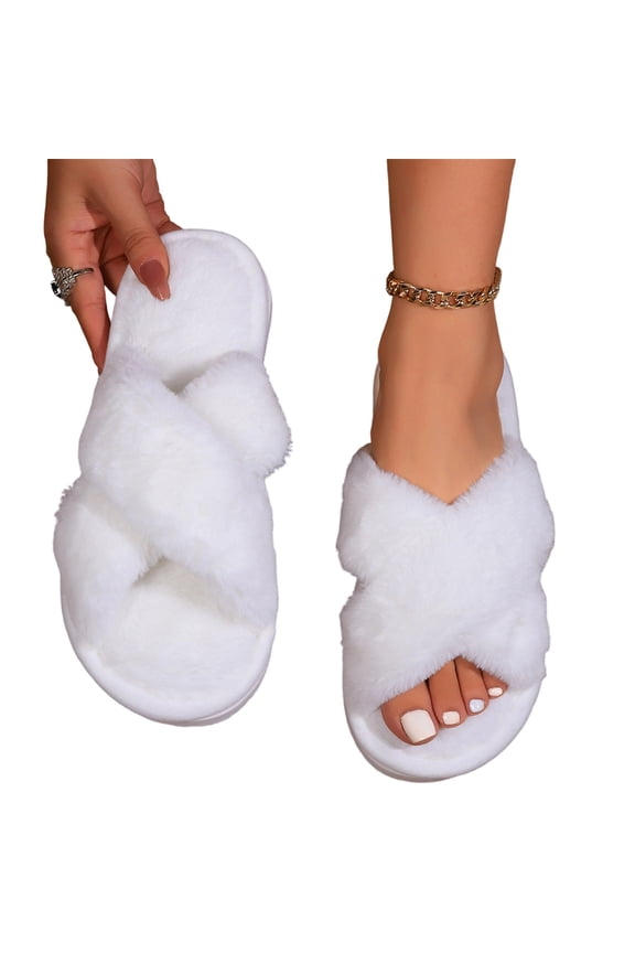 Cross Strap Fuzzy Slide Slippers for Women Open Toe Fluffy Indoor House Bedroom Slippers Comfy Wide Fit Large Size Warm Gifts for Women, White, 6