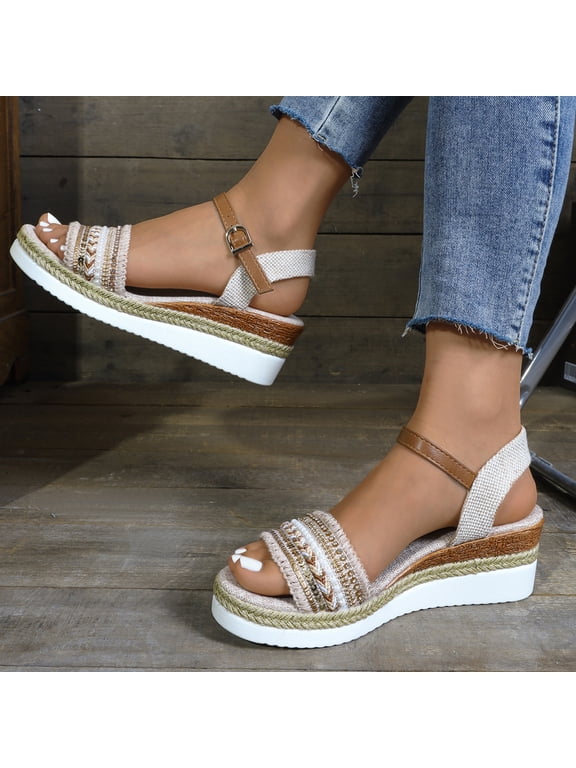 Espadrille Wedge Sandals for Women Platforms & Wedges, Comfortable Dressy Casual Summer Sandals for Women 2026 Open Toe Ankle Strap Heels Dress Shoes Wide Width Orthopedic Walking Sandal