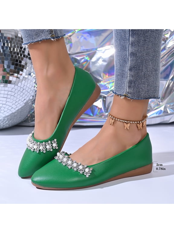 Flats for Women Bling Rhinestone Pointed Flat Shoes Comfort Slip on Low Heel Wedding Dress Shoes Ballet Flat Shoe, Green, 42