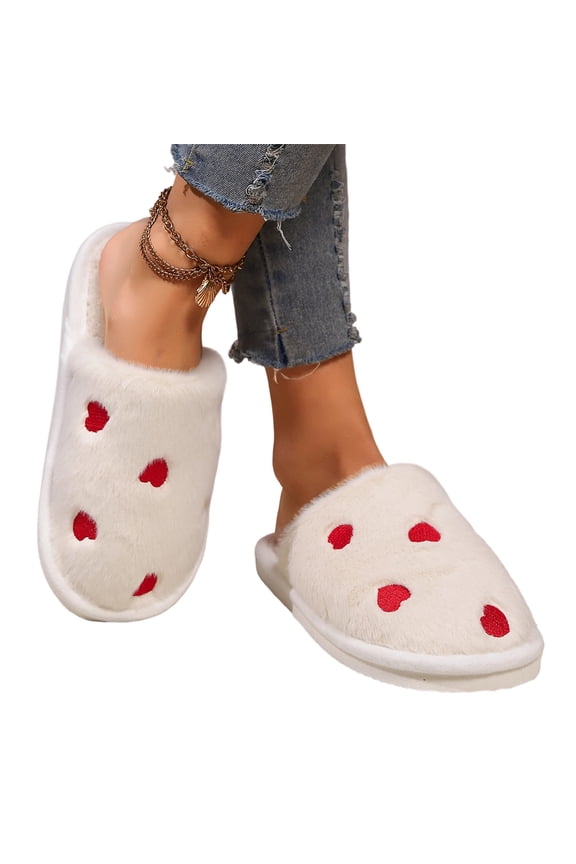 Fuzzy Heart Embroidery House Slippers for Women Cute Closed Toe Slip On Indoor Bedroom Slippers Soft Fluffy Fur Warm Ladies Home Footwear Casual Cute Womens Slippers, White, 9