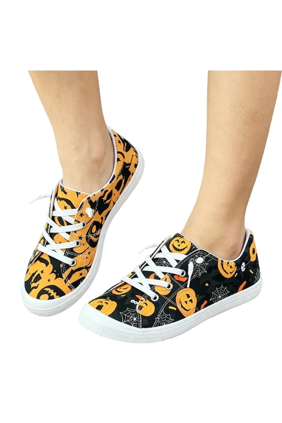 Halloween Pumpkin Canvas Shoes for Women Fall Casual Walking Sneakers Cute Ghost Spider Web Print Low Top Lace Up Holiday Flats, Black, 36