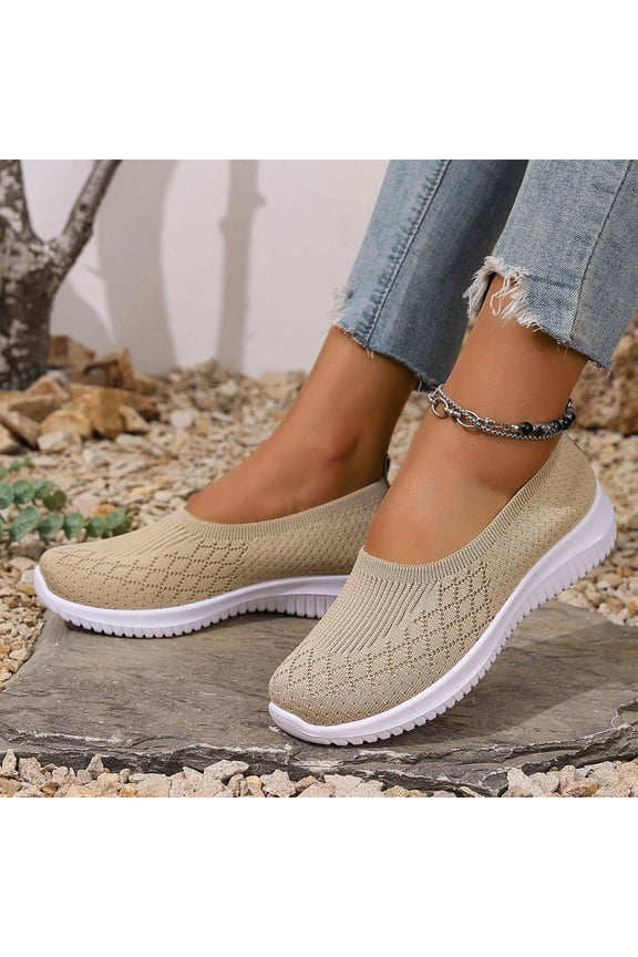 Ladies Shoes, Slip On Shoes Women, Women’s Knitted Flat Walking Shoes Comfortable Slip On Mesh Lightweight Low Heel Sneakers Casual Soft Gym Nurse Work Mom Loafers, Beige, 7