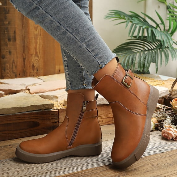 NexTorq Leather Ankle Boots for Women Low Heel Chunky Heeled Short Boots Round Toe Dress Booties with Side Zipper & Buckle Comfortable Non-Slip Fashion Casual Winter Fall Shoes Ginger US-7.5 (EU-40)