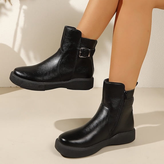 NexTorq Leather Ankle Boots for Women Low Heel Chunky Heeled Short Boots Round Toe Dress Booties with Side Zipper & Buckle Comfortable Non-Slip Fashion Casual Winter Fall Shoes Black US-5 (EU-35)