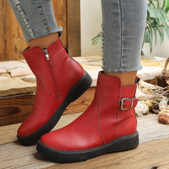 NexTorq Leather Ankle Boots for Women Low Heel Chunky Heeled Short Boots Round Toe Dress Booties with Side Zipper & Buckle Comfortable Non-Slip Fashion Casual Winter Fall Shoes Red US-5.5 (EU-36)