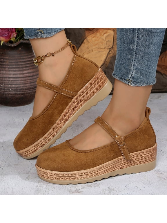 Mary Jane Shoes for Women Wedge Platform Ankle Strap Buckle Casual Dress Footwear Retro Round Toe Suede Espadrille Midsole Comfortable Vintage Style Brown US-6 (EU-37)