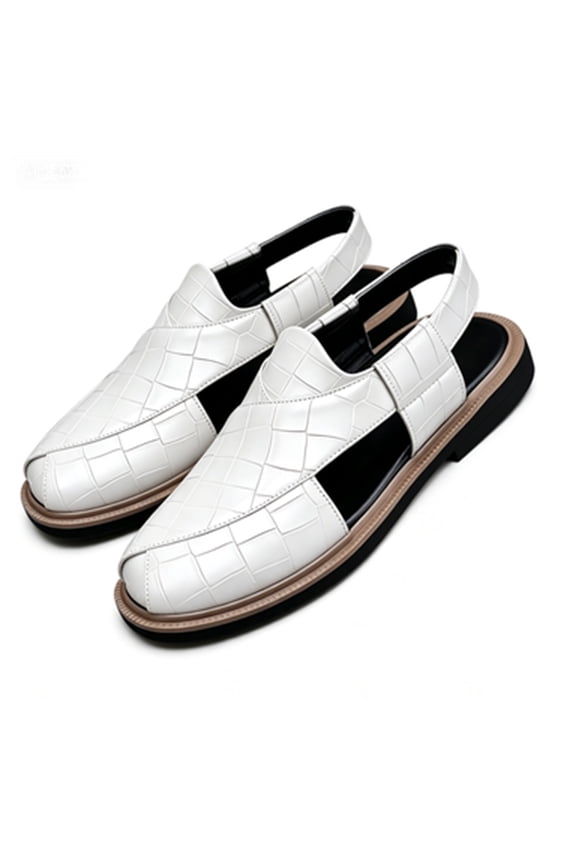 Men's Faux Leather Close-Toe Sandals with Adjustable Ankle Strap Breathable Lightweight Summer Arch Support Slip-On Flats Casual Dress Beach Walking Office Formal Work Shoes, White, 7.5