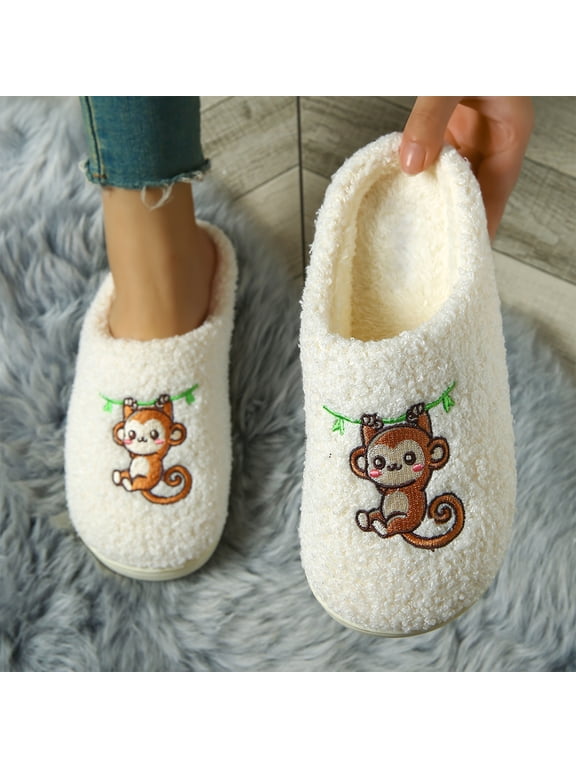 Monkey Cartoon Embroidered Teddy Fuzzy House Slippers Womens Warm Winter Bedroom Footwear Closed Toe Mules Flat Sole Anti-Slip Soft Comfort Lightweight Breathable US:7.5 (EU:40)