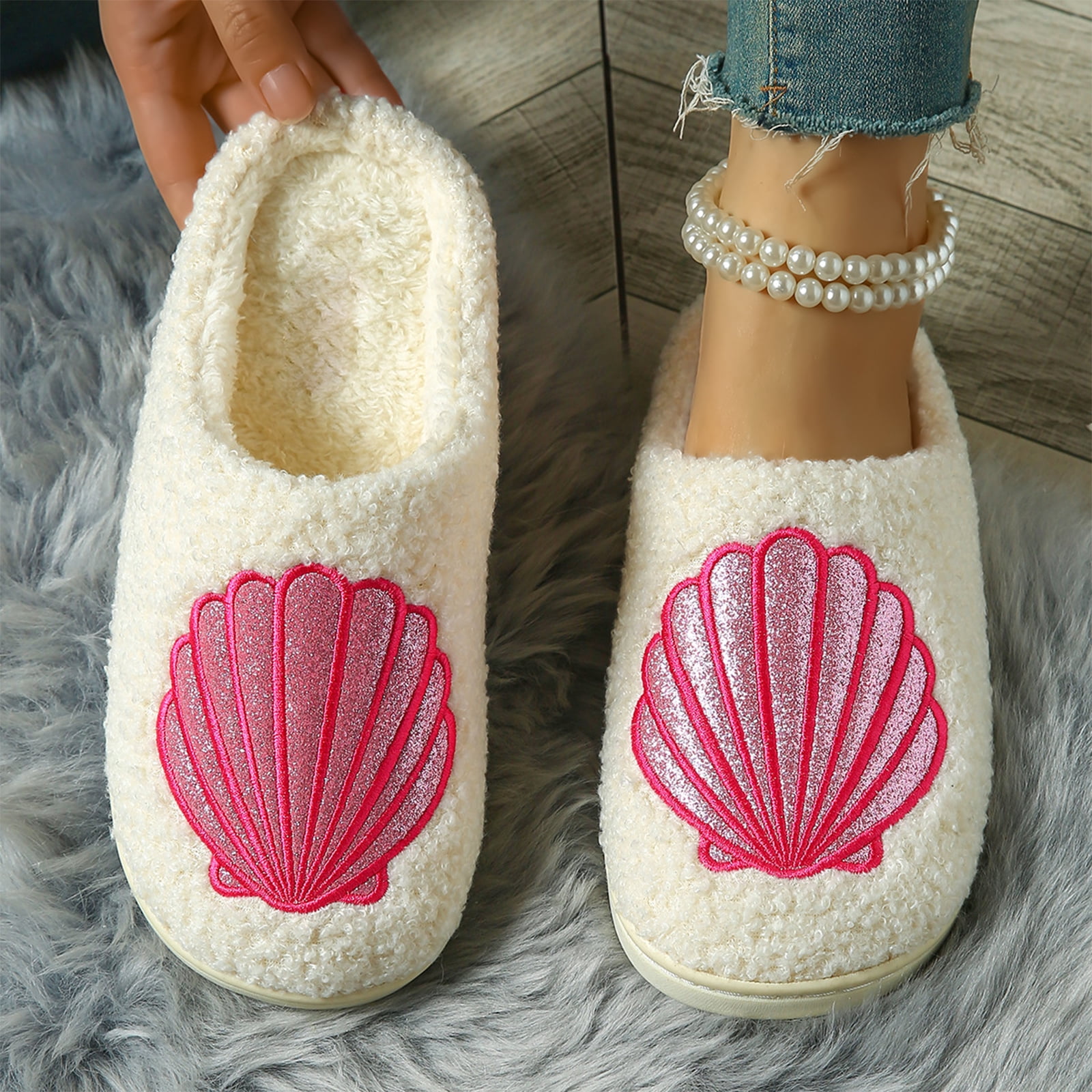 NexTorq Seashell Shell Ocean Teddy Fuzzy House Slippers Womens Warm ...