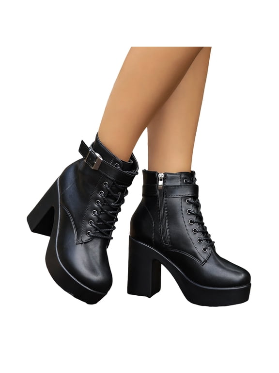 Sexy High Heels for Women Boots Round Toe Platform Booties Lace Up Suede Side Zipper Ankle Bootie Black US-8 (EU-41)