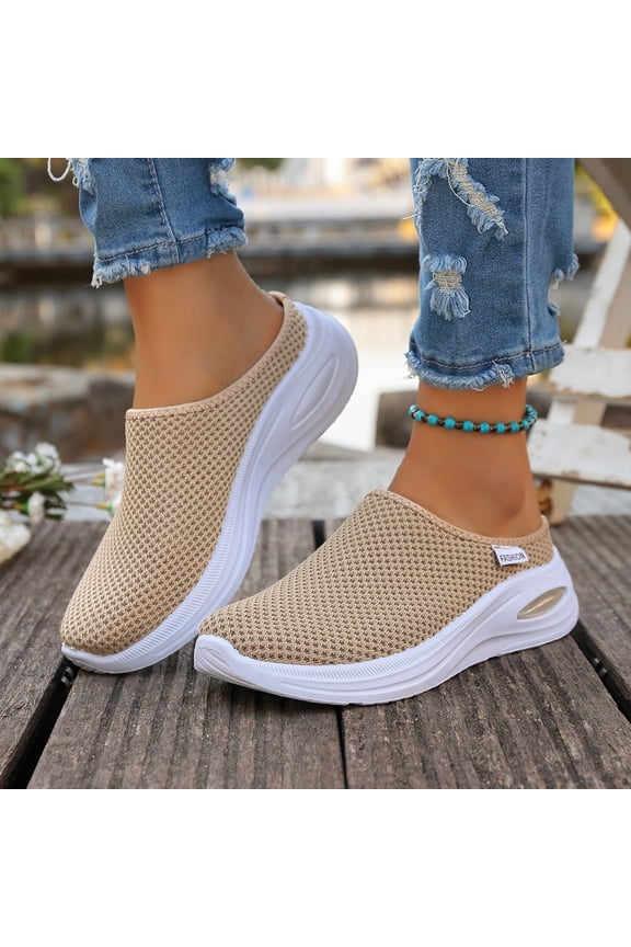 Slip On Shoes for Women, Women's Mesh Breathable Soft Sole Mules Fashion Knitted Backless Slip on Lightweight Walking Shoes Casual Comfortable Outdoor Sports Wedge Mule, Beige, 6