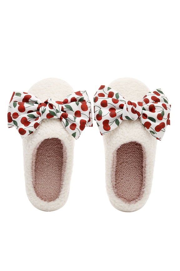 Slippers for Women Fuzzy Fluffy Slippers for Women Womens Bedroom Slippers With Sweet Cherry Bow Knot Decoration Thick Warm Plush Winter Slide Clogs Soft Non Slip House Shoes for Girls, White