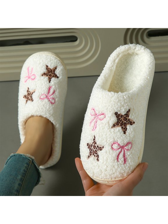 Star Bow Teddy Fuzzy House Slippers Womens Warm Winter Bedroom Footwear Closed Toe Mules Flat Sole Anti-Slip Soft Comfort Lightweight Breathable Durable US:7.5 (EU:40)