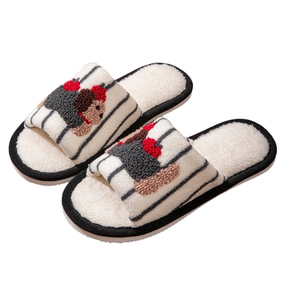 NexTorq Striped Dachshund Fuzzy Open Toe Slippers for Women Wide Large Size Slip On Indoor Bedroom House Slippers Soft Fluffy Comfort Womens Home Footwear, Black, 6