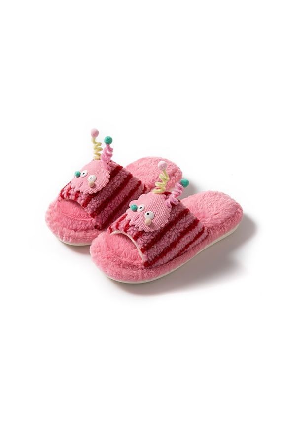 Striped Monster Cartoon Open Toe Fuzzy Slippers for Women Color Block Marcaid Warm Fluffy Anti Slip Indoor Bedroom Funny House Footwear, Red, 5.5