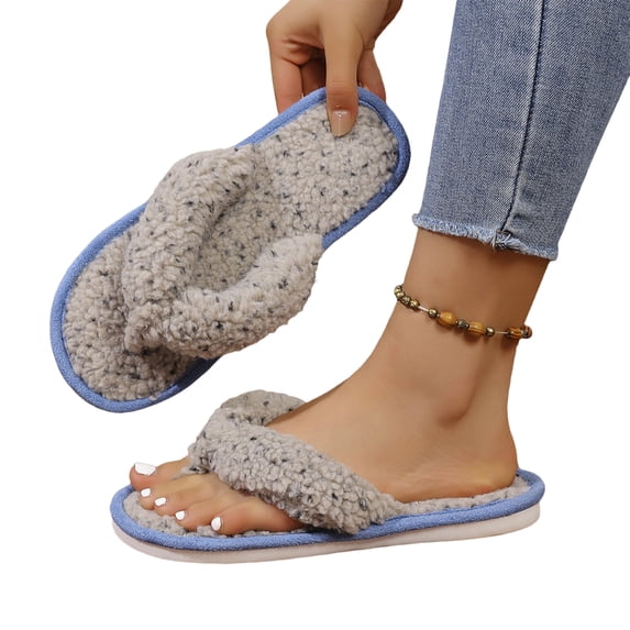 NexTorq Thong Slippers for Women Flip Flop Slippers House Slippers With Cozy Textured Fleece Upper Fuzzy Plush Lining Open Toe Comfortable Slip On Lightweight Indoor Bedroom Home Shoes Ladies, Gray