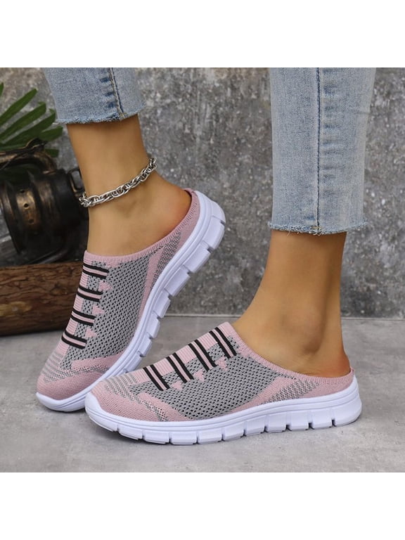 Walking Shoes Women, Backless Sneakers for Women, Women's Mules, Mesh Shoes Women, Women's Slip-On Mule Sneaker Breathable Mesh Tennis Shoes Light Weight Weaving Slippers, Pink, 6