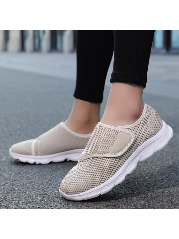 Walking Shoes for Women Hook and Loop Mesh Sneakers Lightweight Breathable Adjustable Strap Comfort Athletic Shoes for Office School and Weekend Outings Beige US-8 (EU-41)